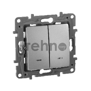 Выключатель двухклавишный с подсветкой/индикацией, автоматические клеммы, Etika, 10AX, 250В~, алюминий Выключатель двухклавишный с подсветкой/индикацией, автоматические клеммы, Etika, 10AX, 250В~, алюминий