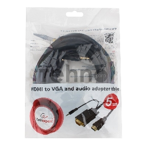 Кабель Cablexpert HDMI-VGA 19M/15M + 3.5Jack, 5м, черный, позол.разъемы, пакет (A-HDMI-VGA-03-5M)