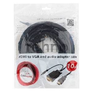 Кабель Cablexpert HDMI-VGA 19M/15M + 3.5Jack, 10м, черный, позол.разъемы, пакет (A-HDMI-VGA-03-10M)