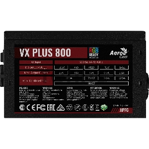 Блок питания Aerocool 800W Retail VX PLUS 800 RGB , подсветка, ATXv2.3 Haswell, fan 12cm, 500mm cable, power cord, PCIe 6+2P x4, SATA x6, PATA x4, FDD