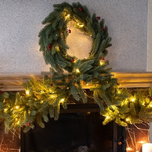 Еловый венок с ягодами и гирляндой NEON-NIGHT Ø 45 см, 20 LED, 2 х АА, литой, теплое белое свечение