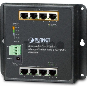 Индустриальный коммутатор Planet IP30, IPv6/IPv4, 8-Port 1000TP Wall-mount Managed Ethernet Switch with 4-Port 802.3AT POE+ (-40 to 75 C), dual redundant power input on 48-56VDC terminal block and power jack, SNMPv3, 802.1Q VLAN, IGMP Snooping, SSL, SSH, 