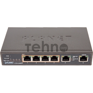 GSD-604HP неуправляемый PoE коммутатор 4-Port 10/100/1000T 802.3at POE + 2-Port 10/100/1000T Desktop Switch (55W POE Budget, External Power Supply) GSD-604HP неуправляемый PoE коммутатор 4-Port 10/100/1000T 802.3at POE + 2-Port 10/100/1000T Desktop Switch (55W POE Budget, External Power Supply)
