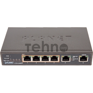 GSD-604HP неуправляемый PoE коммутатор 4-Port 10/100/1000T 802.3at POE + 2-Port 10/100/1000T Desktop Switch (55W POE Budget, External Power Supply)