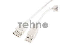 Кабель удлинитель USB2.0 Pro Cablexpert CCF-USB2-AMAF-TR-15, AM/AF, 4,5м, экран, 2феррит.кольца, прозрачный, пакет