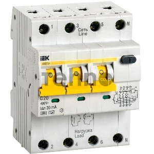 Выключатель автоматический дифференциальный АВДТ 34 3п+N 20А C 30мА тип A | MAD22-6-020-C-30 | IEK