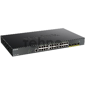 Коммутатор D-Link DGS-1250-28XMP/A1A, L2 Smart Switch with 24 10/100/1000Base-T ports and 4 10GBase-X SFP+ ports (24  PoE ports 802.3af/802.3at (30 W), PoE Budget 370W).16K Mac address, 802.3x Flow Control, 4K