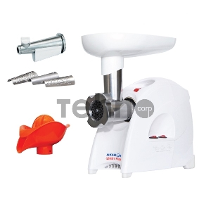 Мясорубка АКСИОН М41.04 БелыйМаксимальная мощность - 1700 Вт.  Максимальная производительность – 2 кг/мин.  В комплекте: приставка для набивки колбас; соковыжималка для  цитрусовых; шнековая соковыжималка; экран для защиты от брызг; 3 решетки из нержавеющ