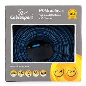 Кабель HDMI Cablexpert, серия Gold, 7,5 м, v1.4, M/M, синий, позол.разъемы, алюминиевый корпус, нейлоновая оплетка, коробка