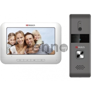 Комплект аналогового видеодомофона HiWatch DS-D100K  Антивандальная вызывная панель с камерой разрешением 720 х 576 и ИК-подсветкой до 2м + 7 цветной TFT монитор 800х480, 4-х проводная схема, 12В DC, 5Вт макс., адаптер в комплекте