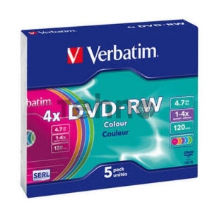 Диск DVD-RW Verbatim 4.7Gb 4x Slim case (5шт) Color (43563)