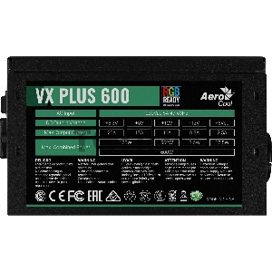 Блок питания Aerocool 600W Retail VX PLUS 600 RGB , подсветка, ATXv2.3 Haswell, fan 12cm, 500mm cable, power cord, PCIe 6+2P x2, SATA x4, PATA x3, FDD