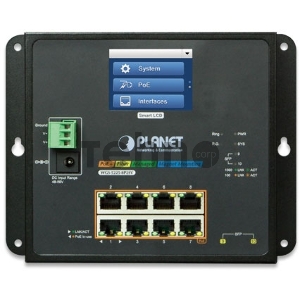 Коммутатор PLANET IP30, IPv6/IPv4, L2+ 8-Port 10/100/1000T 802.3at PoE + 2-Port 1G/2.5G SFP Wall-mount Managed Switch with LCD touch screen (-20~70 degrees C, dual power input on 48-56VDC terminal block and power jack, ERPS Ring, 1588, Modbus TCP, ONVIF, SNMPv3, 802.1Q VLAN, IGMP Snooping, SSL, SSH, ACL, supports 100FX, 1000X and 2.5G SFP)