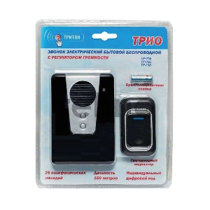 Звонок беспроводной полиф. Трио 32 мел. 150м 4-тон. полифония регул. громкости настол.-настен. брызгозащ. кнопка IP44 3ААх1.5В Тритон ТР-02Б