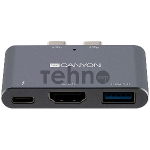 Док-станция CANYON DS-1 Multiport Docking Station with 3 port, with Thunderbolt 3 Dual type C male port, 1*Thunderbolt 3 female+1*HDMI+1*USB3.0. Input 100-240V, Output USB-C PD100W&USB-A 5V/1A, Aluminium alloy, Space gray, 59*35.5*10mm, 0.028kg
