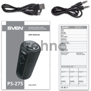 Колонка портативная SVEN PS-275 2.0 чёрные (IPx5, 2x6W, USB, Bluetooth, micro SD, FM, подсветка, 2400 мA)