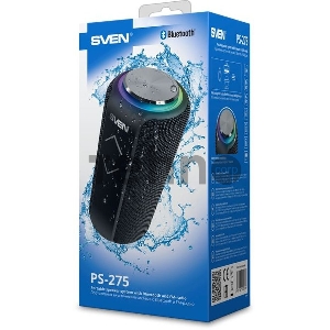 Колонка портативная SVEN PS-275 2.0 чёрные (IPx5, 2x6W, USB, Bluetooth, micro SD, FM, подсветка, 2400 мA)