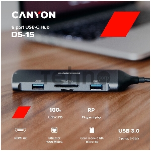 Хаб CANYON 8 in 1 hub, with 1*HDMI,1*Gigabit Ethernet,1*USB C female:PD3.0 support max60W,1*USB C male :PD3.0 support max100W,2*USB3.1:support max 5Gbps,1*USB2.0:support max 480Mbps, 1*SD, cable 15cm, Aluminum alloy housing,133.24*48.7*15.3mm,Dark grey