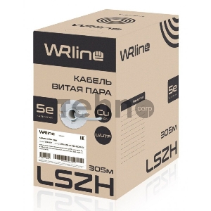 Кабель витая пара, неэкранированный U/UTP, категория 5e, 4 пары (24 AWG), одножильный,внутренний, LSZH, нг(A)-HF, серый, 305 м WRLine WR-UTP-4P-C5E-LSZH-GY