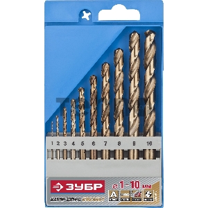 Набор сверл по металлу, ЗУБР КОБАЛЬТ 10шт(1-10мм), сталь Р6М5К5, класс А