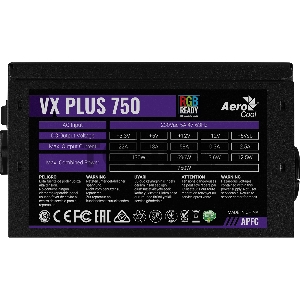 Блок питания Aerocool 750W Retail VX PLUS 750 RGB , подсветка, ATXv2.3 Haswell, fan 12cm, 500mm cable, power cord, PCIe 6+2P x2, SATA x6, PATA x3, FDD