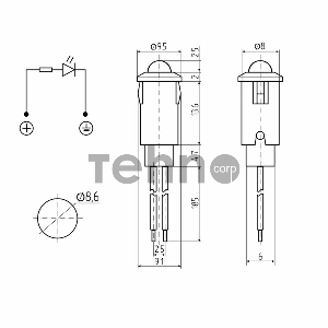 Индикатор Ø8 12В с проводом синий LED  REXANT