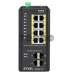 Коммутатор ZYXEL RGS200-12P, 12 Port managed PoE Switch, 240 Watt PoE, DIN Rail, IP30, 12-58V DC