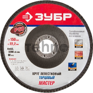 Круг лепестковый торцевой ЗУБР P60, 150х22,2мм, тип КЛТ 1 Круг лепестковый торцевой ЗУБР P60, 150х22,2мм, тип КЛТ 1