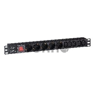 Блок розеток горизонтальный ExeGate ServerPro PDU-19H008 Al-5C135S-C14-SW, 19, 1U, Алюминий, 5 IEC 320 C13, 5 Schuko, С14, выкл. с подсветкой, черный
