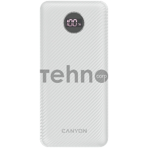 Внешний аккумулятор CANYON  PB-2002 Power bank 20000mAh Li-poly battery, Input Type-C 5V3A,9V2A,18W  , Output Type-C：5V3A,9V2.2A,12V1.5A,20W, Output USBA1/USBA2：5V3A,5V/4.5A,4.5V/5A,9V2A,12V1.5A,22.5W147.5*69*28.6mm, 0.437g , cable  Type C, white