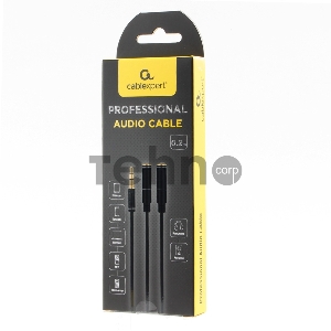 Кабель аудио Cablexpert CCAB-02-35MYHM-0.2MB. 3.5 джек 4pin(M)/2х 3.5 джек(F) наушники и микрофон, черный, 0.2м, блистер