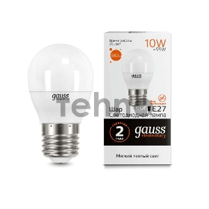 Светодиодная лампа GAUSS 53210 LED Elementary Шар 10W E27 880lm 3000K 1/10/100 0 Светодиодная лампа GAUSS 53210 LED Elementary Шар 10W E27 880lm 3000K 1/10/100 0