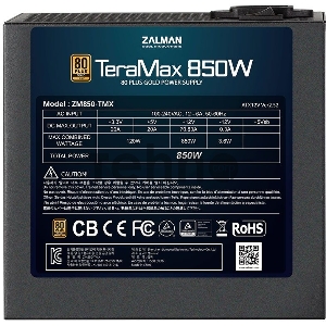 Блок питания Zalman ZM850-TMX, 850W, ATX12V v2.52, APFC, 12cm Fan, 80+ Gold, Full Modular, Retail