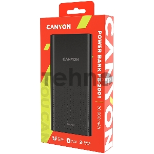 Мобильный аккумулятор  CANYON  PB-2001 Power bank 20000mAh Li-poly battery, Input 5V/2A , Output 5V/2.1A(Max), 144*69*28.5mm, 0.440Kg, Black