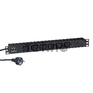 Блок розеток горизонтальный ExeGate ServerPro PDU-19H013 Al-6C19-EU3-SW, 19, 1U, Алюминий, 6 IEC 320 C19, кабель с евровилкой VDE-250V-16A-3*1.5mm2, 3 метра, выкл. с подсветкой, черный