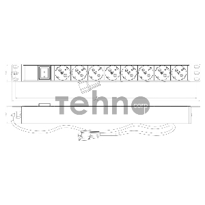 Hyperline SHE19-8SH-S-2.5IEC Блок розеток для 19 шкафов, горизонтальный, с выключателем с подсветкой, 8 розеток Schuko (10A), 250В, кабель питания 3х1.0мм2, длина 2.5 м, с вилкой IEC 320 C14, 482.6x4