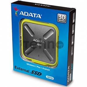 Внешний  твердотельный жесткий диск 3.3 256GB ADATA SD700 External SSD ASD700-256GU31-CYL USB 3.1 Gen 1, 440/440, IOPS 32/19K, MTBF 2M, 3D V-NAND TLC, 256MB, 200TBW, DWPD, IP68, Yellow, RTL