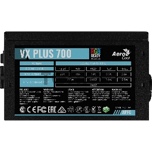 Блок питания Aerocool 700W Retail VX PLUS 700 RGB , подсветка, ATXv2.3 Haswell, fan 12cm, 500mm cable, power cord, PCIe 6+2P x2, SATA x6, PATA x3, FDD