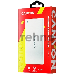 Мобильный аккумулятор CANYON PB-106 Power bank 10000mAh Li-poly battery, Input 5V/2A, Output 5V/2.1A(Max), USB cable length 0.3m, 140*68*16mm, 0.24Kg, White
