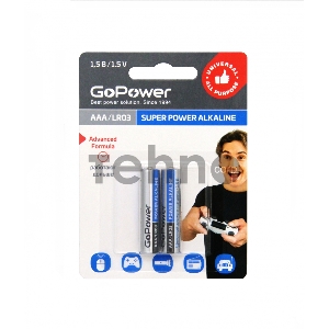 Батарейка GoPower LR03 AAA BL2 Alkaline 1.5V (2/24/480) блистер (2 шт.)