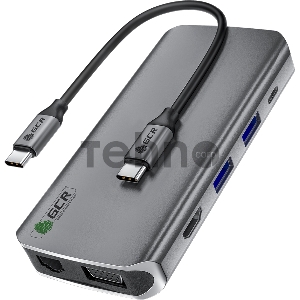 Хаб GCR TypeC Hub 10 в 1 HDMI + VGA + RJ45 + USB3.0 x3 + Card Reader + Audio + TypeC PD