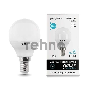 Лампа светодиодная LED 10Вт E14 220В 4100К Elementary шар | 53120 | Gauss Лампа светодиодная LED 10Вт E14 220В 4100К Elementary шар | 53120 | Gauss