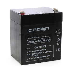 Батарея CROWN CBT-12-4.5, напряжение 12В, ёмкость  4,5 А/Ч, размеры (мм)  90х70х101, вес 1,48 кг, тип клеммы - F2, тип АКБ - свинцово кислотная с загущеным электролитом в гель, срок службы 6 лет