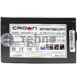 Блок питания CROWN CM-PS500W PLUS (ATX 500W, EMI/CE, 20+4in 450mm, 120mm red FAN, SATA*4, IDE*4, FDD*1, 4+4pin, 6+2pin PCI-E*1, кабель питания 1.2м, слюда)