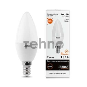 Лампа светодиодная LED 8Вт E14 220В 2700К Elementary свеча | 33118 | Gauss Лампа светодиодная LED 8Вт E14 220В 2700К Elementary свеча | 33118 | Gauss