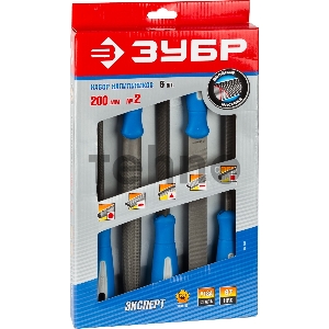 Ручной инструмент Набор ЗУБР: Напильники ЭКСПЕРТ с двухкомп ручкой, плоский, полукруглый, трехгранный, квадратный, круглый, №2, 200мм (16651-20-H5)