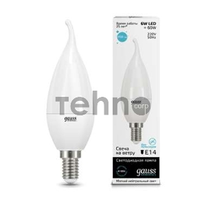 GAUSS 34126 Светодиодная лампа LED Elementary Свеча на ветру 6W E14 450lm 4100K 1/10/50 0 GAUSS 34126 Светодиодная лампа LED Elementary Свеча на ветру 6W E14 450lm 4100K 1/10/50 0