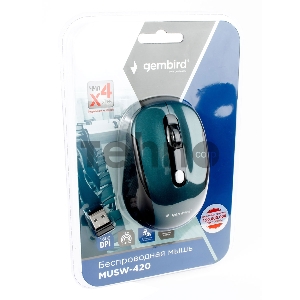Мышь беспров. Gembird MUSW-420-2, 2.4ГГц, зеленый,soft touch, 4кн, 1600DPI, блистер