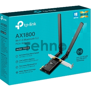 Двухдиапазонный адаптер PCI Express TP-Link Archer TX20E с поддержкой Wi-Fi AX1800 и Bluetooth 5.2