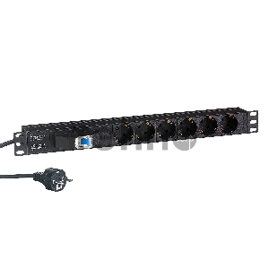 Блок розеток горизонтальный ExeGate ServerPro PDU-19H610 Al-6S-EU2.5-1P, 19, 1U, Алюминий, 6 Schuko, кабель с евровилкой VDE-250V-16A-3*1.5mm2, 2.5 метра, защита от перегрузки, черный
